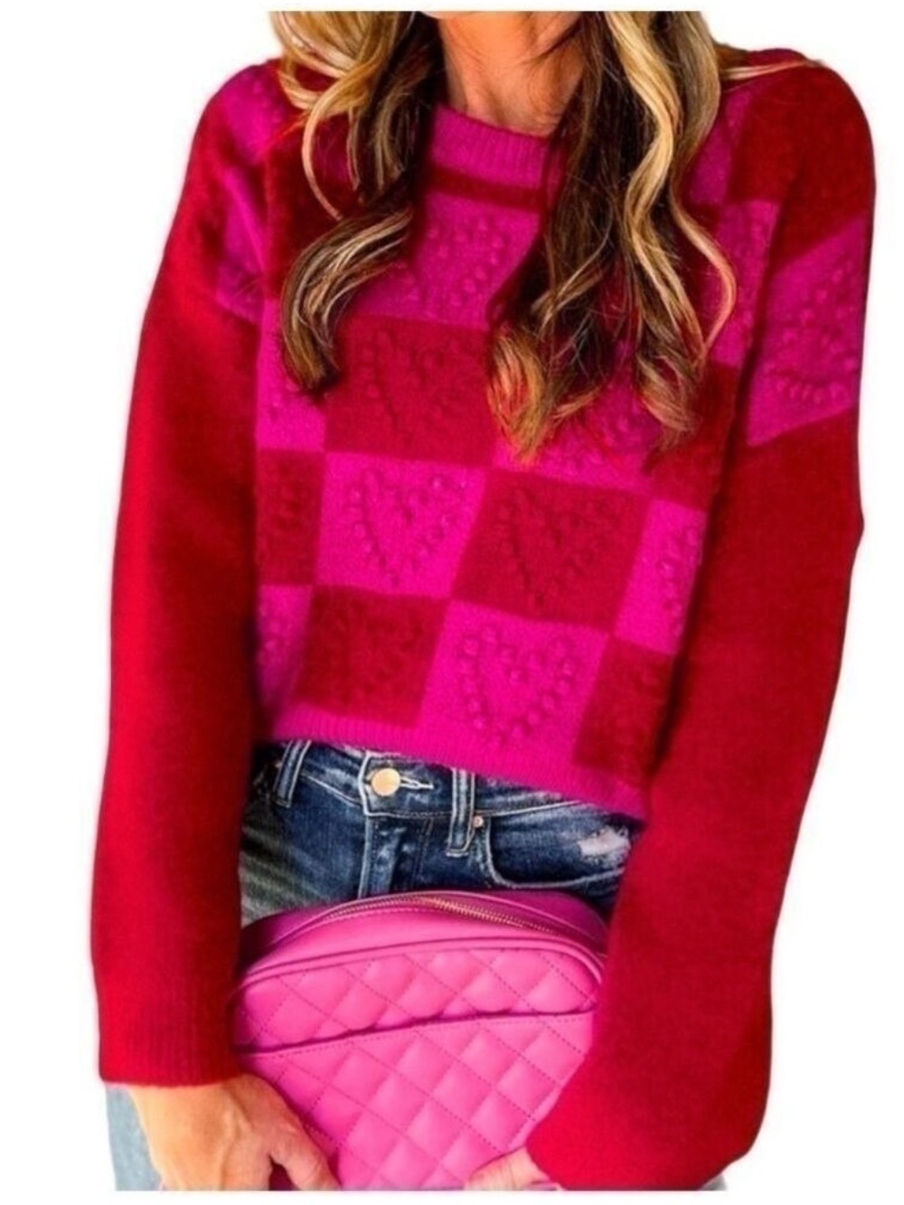 Multicolor Checkered Pattern Heart Detail Textured Sweater Women’s Size Large